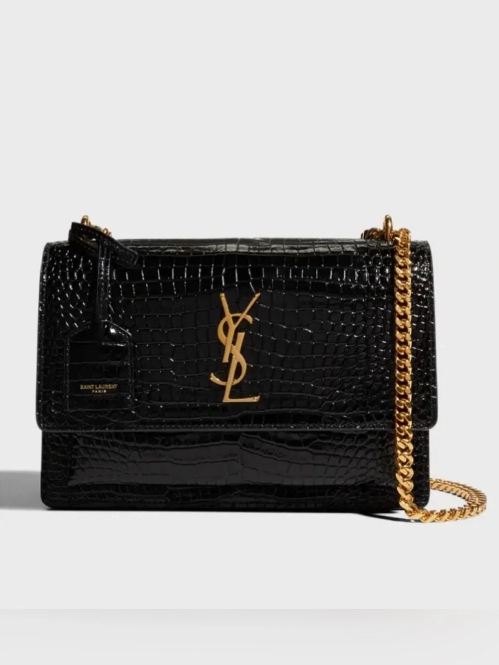 Saint Laurent Black Croc-Embossed YSL Monogram Chain Crossbody